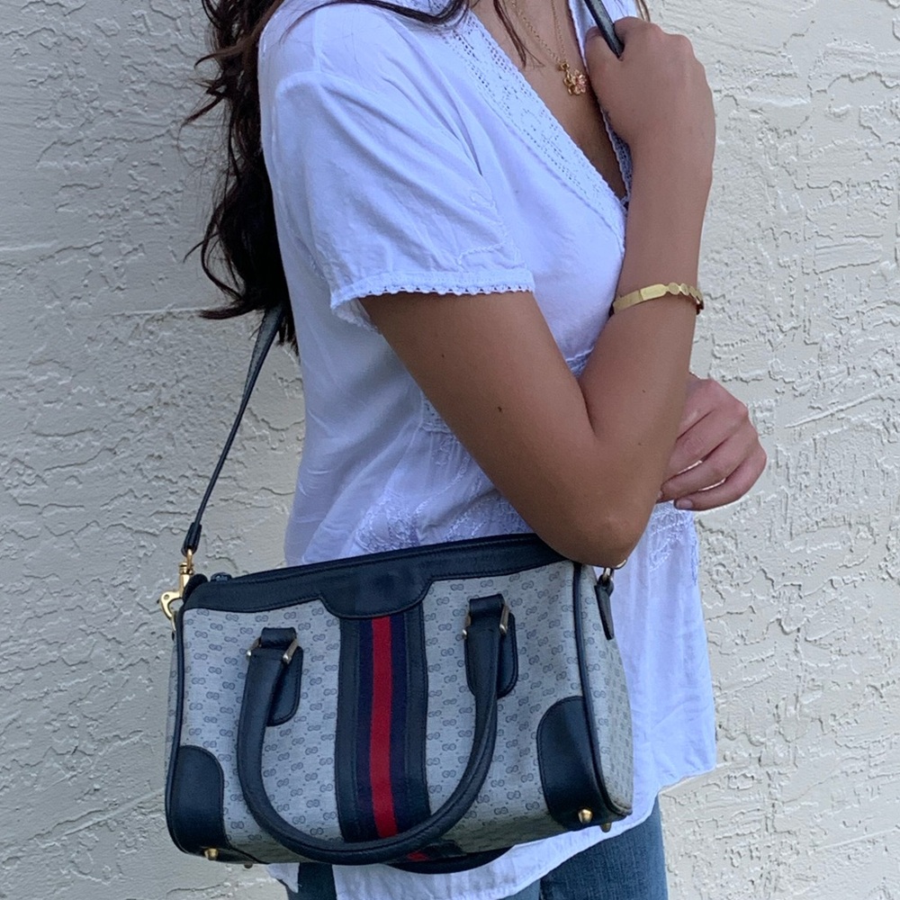 Gucci Beige Monogram Bowling Bag with Navy & Red Stripe